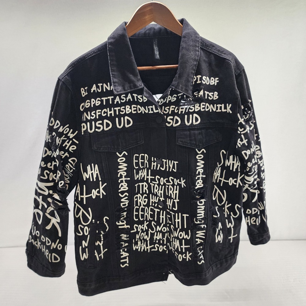 Mens‎ Distressed Graffiti Print Denim Jacket Streetwear Black Small
